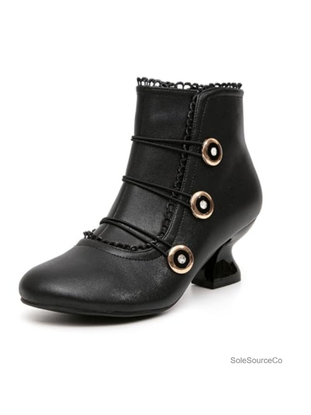 Women's Ankle Boots Low Heel Lace Button Round Toe Side Zipper Faux Leather
